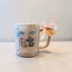 Rae Dunn DISNEY Ceramic Stitch & Angel Mug with Pink Ribbon